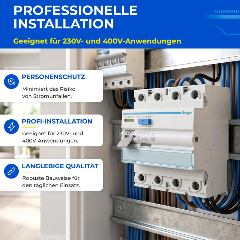 Hager CDA440D Residual Current Circuit Breaker Type A 40A 30mA 4-Pin 3P+N FI Switch 6kA for DIN Rail, RCD Circuit Breaker 230V 400V, Screw Technology QuickConnect, Personal Protection