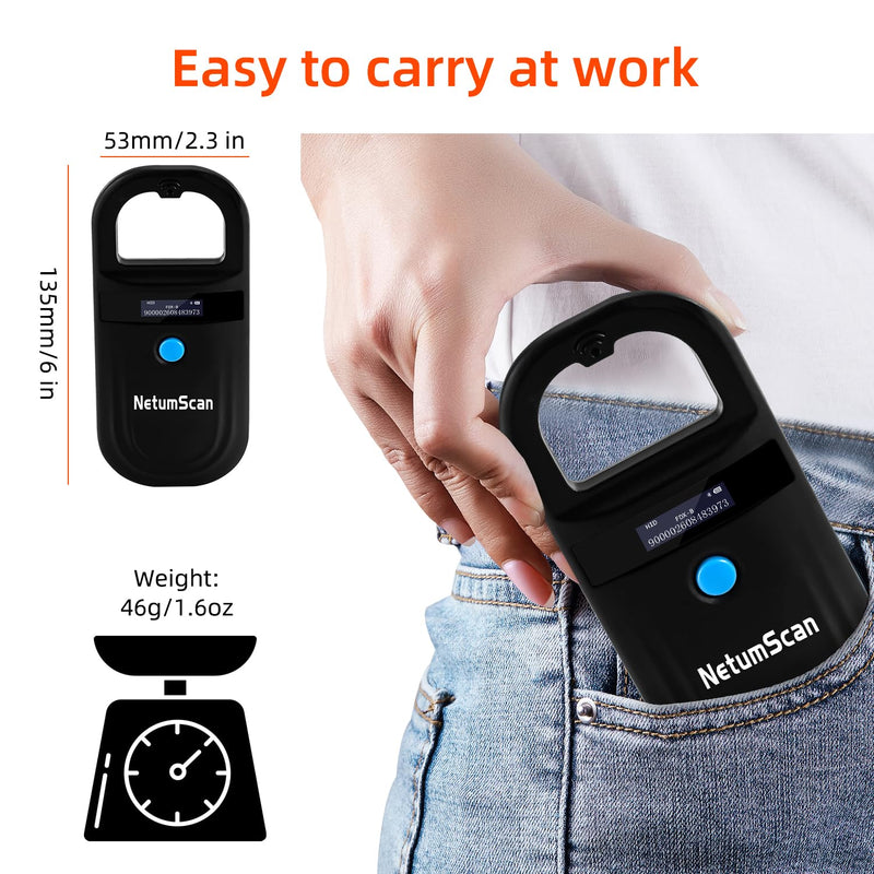 NetumScan Upgraded Pet Microchip Scanner Reader 256 Data Storage | Animal Tag Scanner, Rechargeable Handheld Pet Chip ID Scanner with OLED Display for ISO 11784/11785, FDX-B, EMID 180B-USB