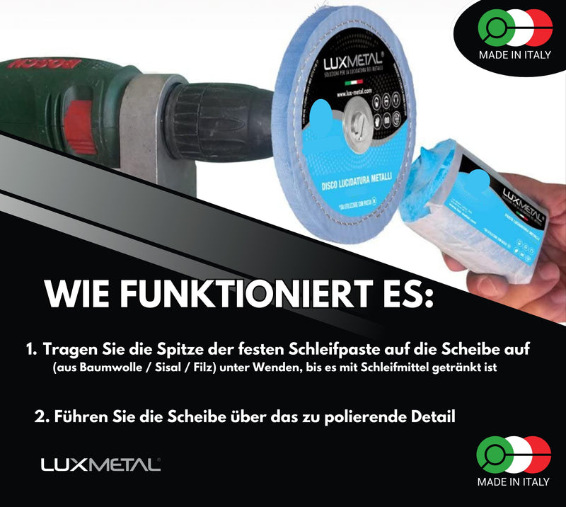 [Australia - AusPower] - Lux Metal 3 Polishing Paste 250 g - 3 Polishing Discs 100 mm, Polishing Set DIY Kit Sanding Paste Metal, Aluminium, for Drill, Stainless Steel, Brass, Copper, Wood, Plastic, Grinding Machines, Knives 