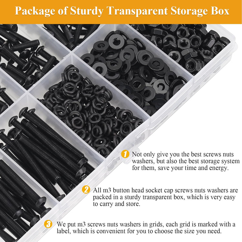 [Australia - AusPower] - 546 Pieces M3 Screws Nuts Washers Set Black, Sutemribor M3 x 6/8/12/16/20/25/30mm Button Head Socket Cap Screws Nuts Washers Assortment Kit, 10.9 Grade Alloy Steel, Fully Threaded 
