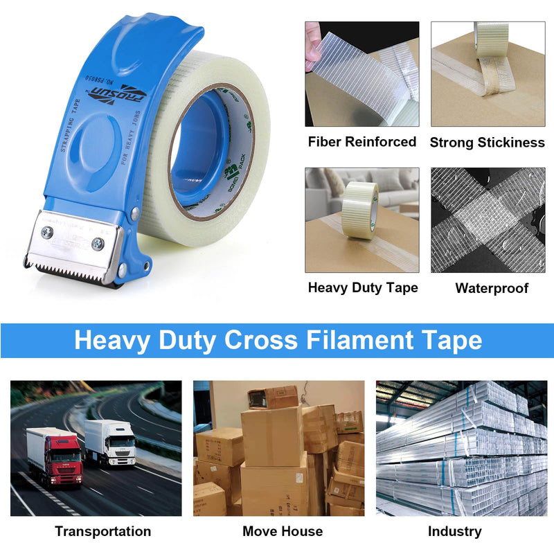 BOMEI PACK 3Rolls Filament Strapping Tape 2Inch with Dispenser, Heavy Duty Fiberglass Reinforced Packing Tape for Shipping, Cross Bi Directional Filanent Tape 2inch x 30Yds x 5.9Mil, Total 90Yds 3