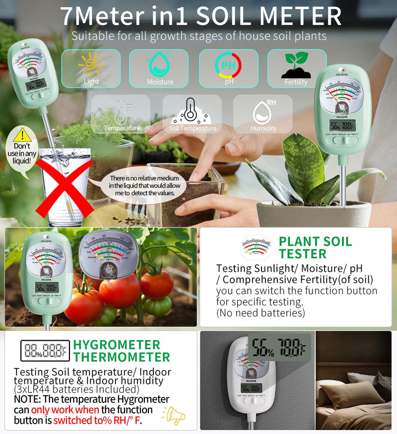 HSLGOVE Soil Test Kit, 7-in-One Soil Moisture Meter/Soil PH Meter/Fertility, Dual Screen Soil Tester w/Digital Soil Temp/Air Temp&Humidity for Plants Gardening,Lawn,Farm Indoor&Outdoor-Mint Green Mint Green