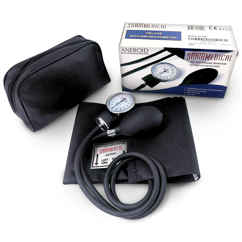 [Australia - AusPower] - Santamedical Adult Deluxe Aneroid Sphygmomanometer - Professional Blood Pressure Monitor with Adult Black Cuff and Carrying case (Light Black) & Santamedical Taylor Percussion Hammer 