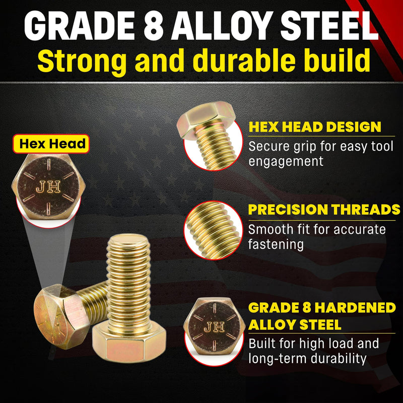 Chenango Supply 1/2-13 x 1 Grade 8 Hex Head Bolts – Alloy Steel, Yellow Zinc Chromate, USS Coarse Thread, High-Strength Hex Head Cap Screws, (25 Pieces, 1/2-13 x 1 G8) 25 1/2-13x1