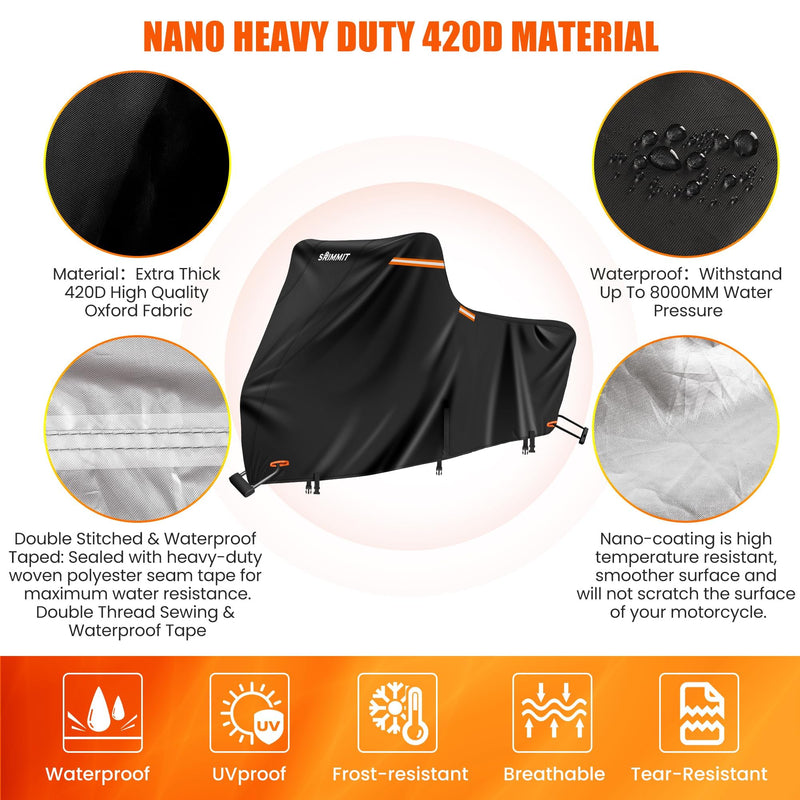 Motorcycle Cover Heavy Duty, 420D Motorcycle Cover Waterproof Outdoor with Nano Coating, 5 Reflective Strips and Air Vents, Dirtbike Cover (Black 3XL) 3XL(109"x44"x56") Black