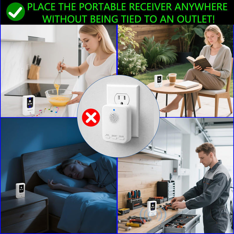 2-in-1 Elderly SOS Call Panic Button Waterproof Caregiver Pager Nurse Alert. Portable Receiver Long-lasting Rechargeable Battery-powered. Doorbell (Door Open Alarm) Cordless Bed Alarms