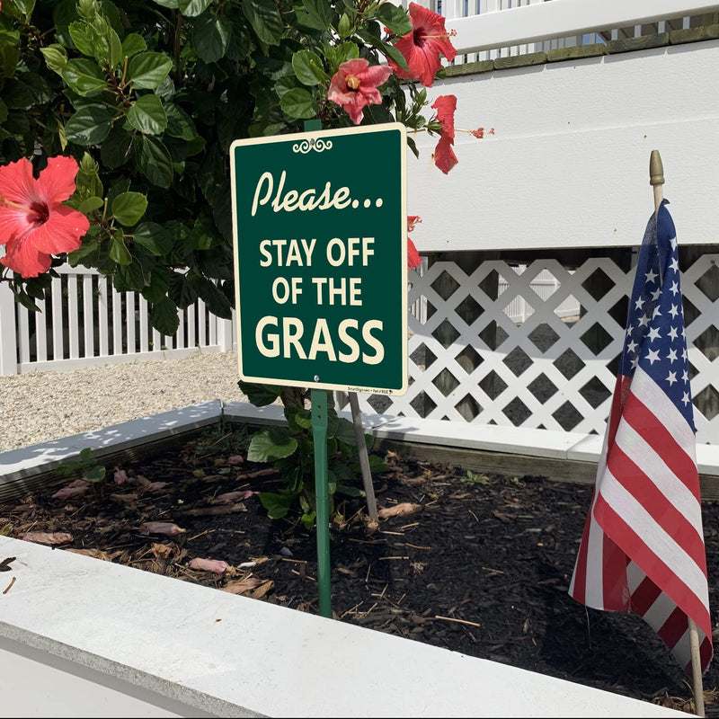 SmartSign 12 x 10 inch “Please Stay Off Of The Grass” LawnBoss Yard Sign with 3 foot Stake, 40 mil Laminated Rustproof Aluminum, White and Green, Set of 1