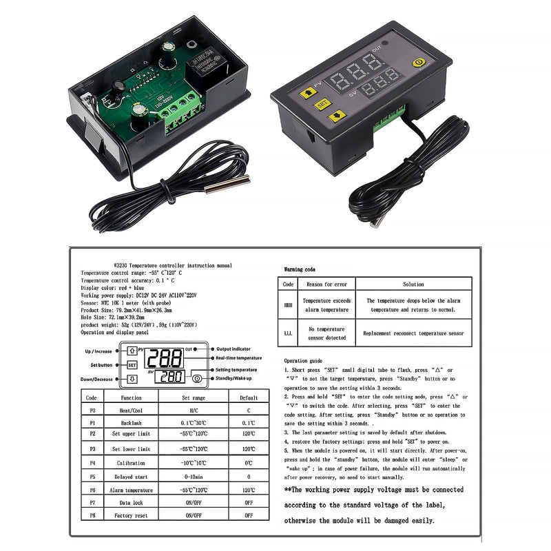 [Australia - AusPower] - 2pcs Digital Temperature Controller W3230 Digital LED Thermostat Switch with Waterproof Probe DC 12V Programmable Heating Cooling Electronic Thermostat Control -50℃ to 120℃ 
