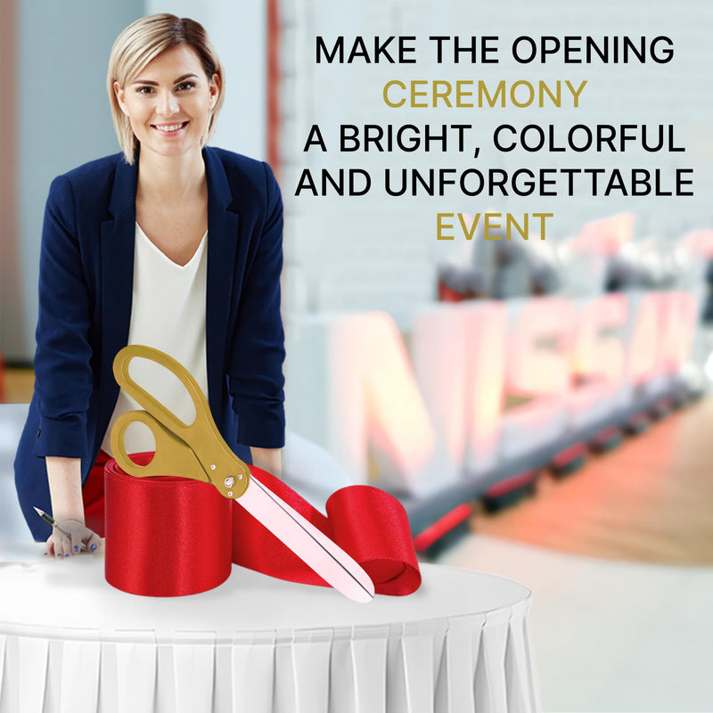 Grand Opening Ceremony Kit– 20 Inch Giant Scissors Gold with Red Ribbon for Inaugurations and Ceremonies Large Ceremonial Scissors for Ribbon Cutting Grand Opening Ribbon and Scissor for Special Event Gold Scissors + Red Ribbon