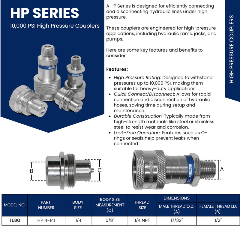 [Australia - AusPower] - 1/4" Body Hydraulic Quick Connect Coupler Set | 1/4" NPT Thread | 10,000 PSI High Pressure | Heavy-Duty Industrial | Dust Caps Included | Compatible with C-604 Style Fittings | Model TL80 