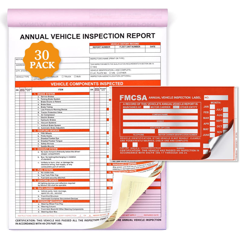 30 Pack Annual Vehicle Inspection Report Forms & 30-Pk Red Aluminum FMCSA Adhesive Labels/Stickers, 3-Ply Carbonless Inspection Sheet Book with Hardboard, DOT Compliant