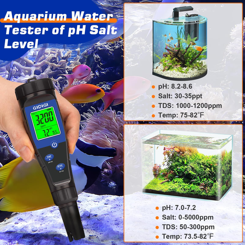 [Australia - AusPower] - Salt Tester for Pool, pH Meter Digital 5-in-1 pH TDS EC Salt Content Meter with Calibration Solution Set, pH ppm Meter for Salt Water Pool, Aquarium, Hot Tub, Spa, Hydroponics, Home Brew 