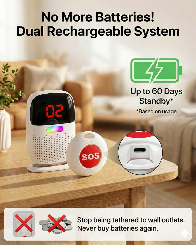 [Australia - AusPower] - PILSAMAS Rechargeable Caregiver Pager Wireless Call Button for Elderly, 1640ft Range Medical Alert System for Seniors No Monthly Fee, Portable Receiver with LCD Display & Vibration, IP65 Waterproof [2+1] Multi-Room 