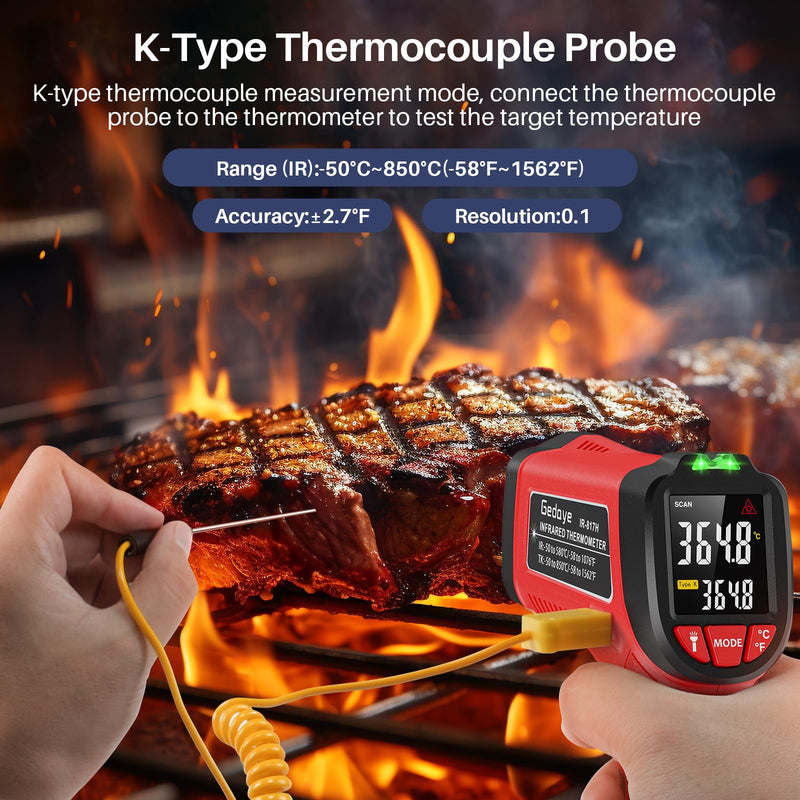 [Australia - AusPower] - Infrared Thermometer Gun, Gedaye Laser Temperature with IR Pointer 13:1, Meat Temp Gun with Metal Probe, Adjustable Emissivity, -58℉ to 1076℉, Heat Thermometer for Cooking Pizza Oven Grill Fridge BBQ Red 