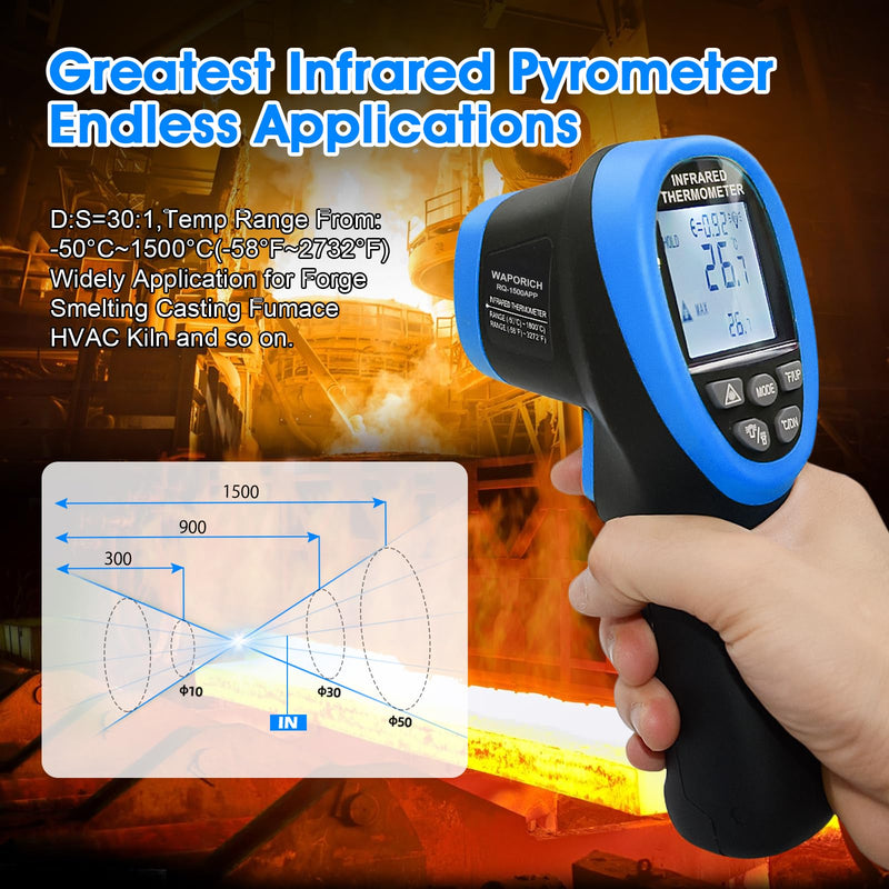 [Australia - AusPower] - Pyrometer 30:1 Non-Contact High Temp Thermometer Gun-58℉ to 2732℉ (-50℃ ~ 1500℃) IR Thermometer Gun with Mobile APP for Pizza ovens, Kiln, Forge RQ-1500APP【Not for Human】 