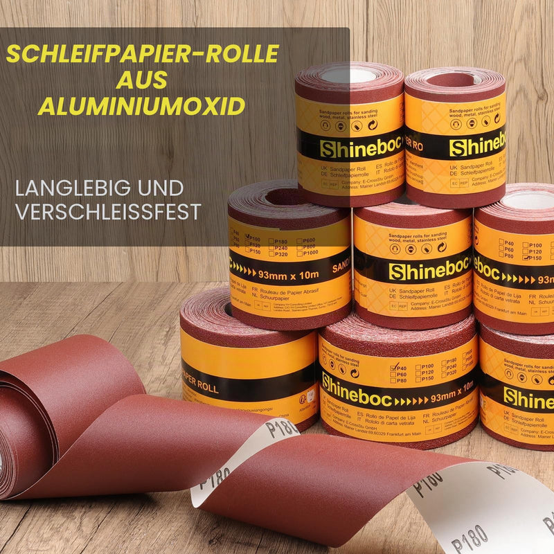 93 mm x 10 m Grit 180 Sandpaper Roll for Hand Sanders | Aluminium oxide sanding cloth, wet dry, can be cut to size, multi-surface polishing, rust removal, fine sanding 180 grit