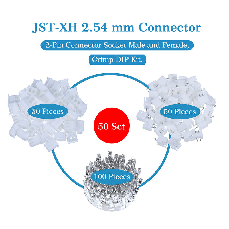 [Australia - AusPower] - JST XH 2.54 mm Pitch 2-Pin JST Wiring Connecting IC Male Plugs, Female Sockets Housing and T-shaped Crimp Terminal Connector Kit. 50 Sets/200 Pieces JST XH Connector Adapter Cable Assembly. JST-XH2.54 XH 2P 