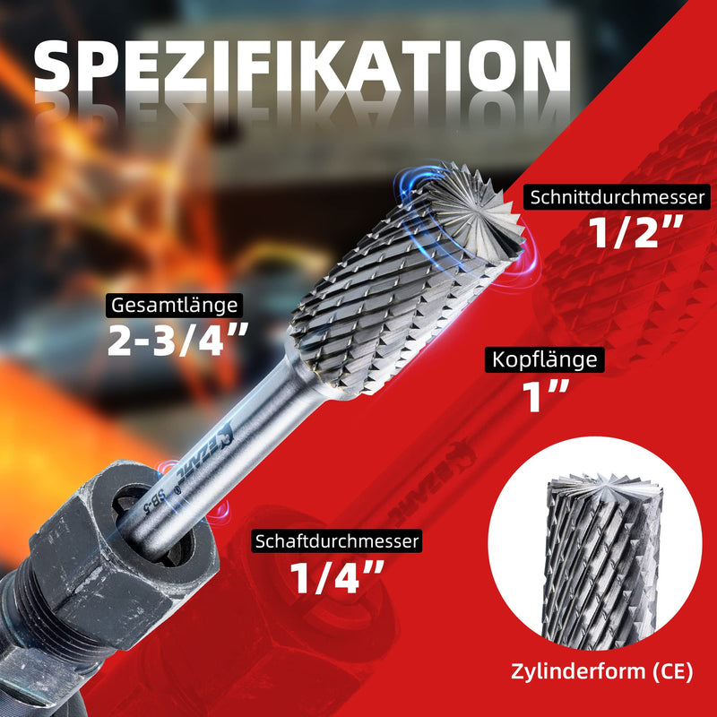 [Australia - AusPower] - EZARC SB-5 Carbide Burr with 1/4 Inch (6 mm) Shank - Double Cut Rotary File Cylinder End Cut, Cutting Mill, Cutting Cut, Die for Steel Metal Processing, Polishing and Engraving Single-Pack 