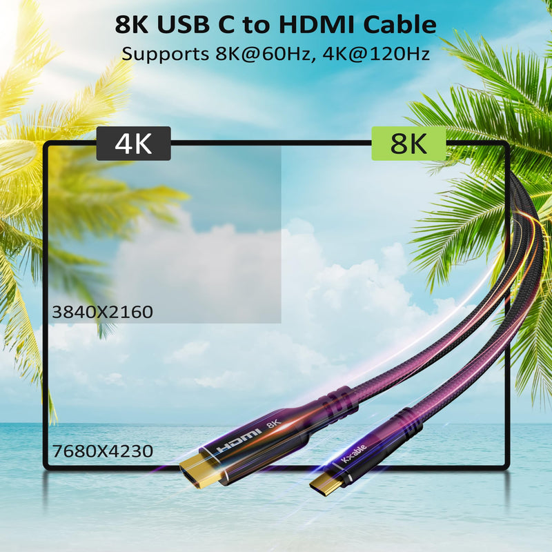 8K USB C to HDMI 2.1 Cable 20FT, (8K@60Hz,4K@120Hz, HDR), Braided Cord, Thunderbolt 3/4 Compatible, for iPhone 15 Series, MacBook Pro/Air, iPad Pro, Galaxy S23, Surface, Dell, HP, with 2 HDMI Adapters