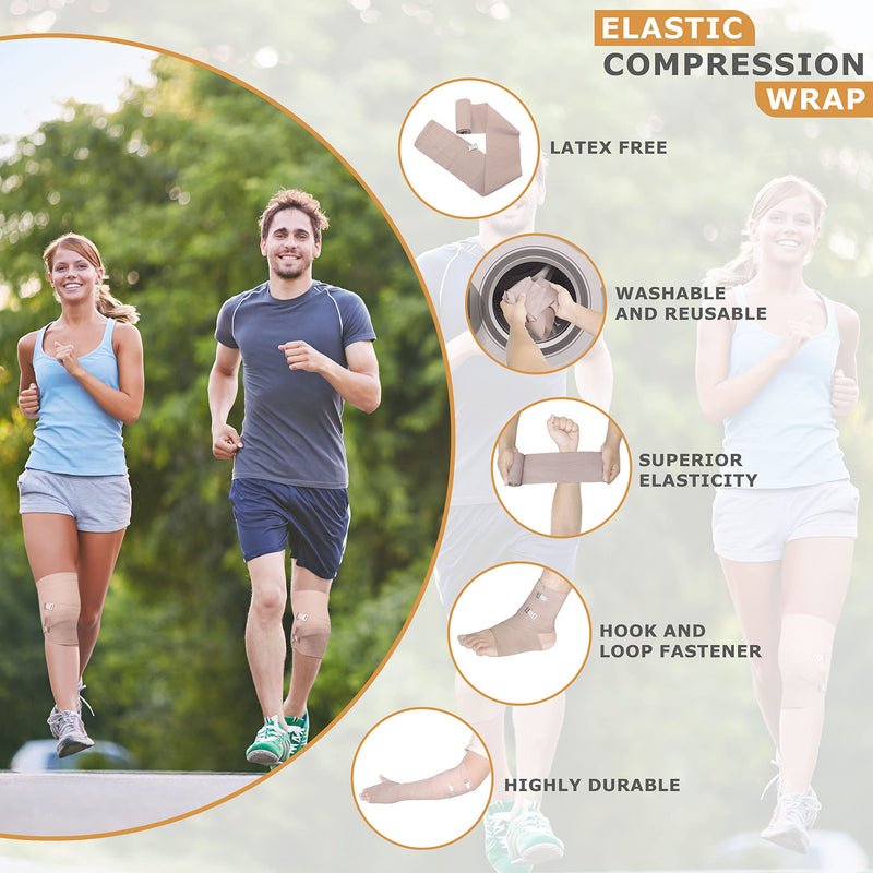 [Australia - AusPower] - D&H Medical Elastic Bandage Wrap  4 Pack Premium Compression Bandage Rolls + 4 Extra Clips | 2 Rolls of Each Size (4 Inch x 5 Feet & 3 Inch x 5 Feet), Elastic Bandage for Wrist, Calf, Ankle & Foot 4 Piece Set 