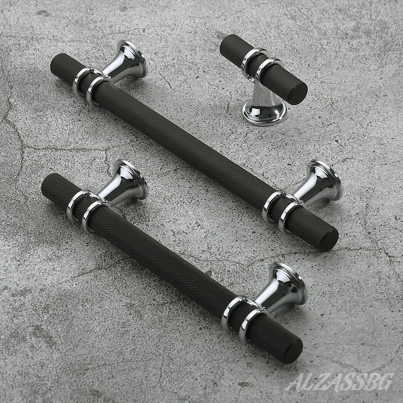 Alzassbg Matte Black and Silver Bar Cabinet Knobs 10 Pack, AL6087CPMB | 2 Inch Length, Knurled T Bar Design, Solid Metal Build, for Cabinets and Drawers 2" Single Hole