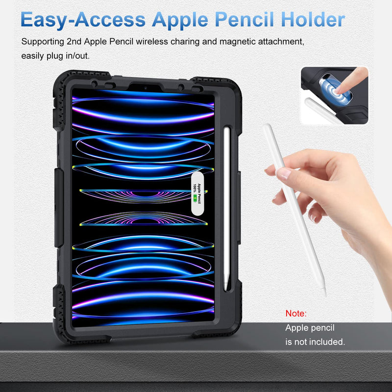 [Australia - AusPower] - SUPFIVES Case for iPad Pro 11 inch (2022/2021/2020), Upgraded Military Grade Shockproof Protector Silicone iPad Pro 11 4th Gen Cover Pencil Holder+ Handle+ Shoulder Strap+ Rotating Kickstand, Black Ipad pro 11 inch 2022/2021/2020/2018 