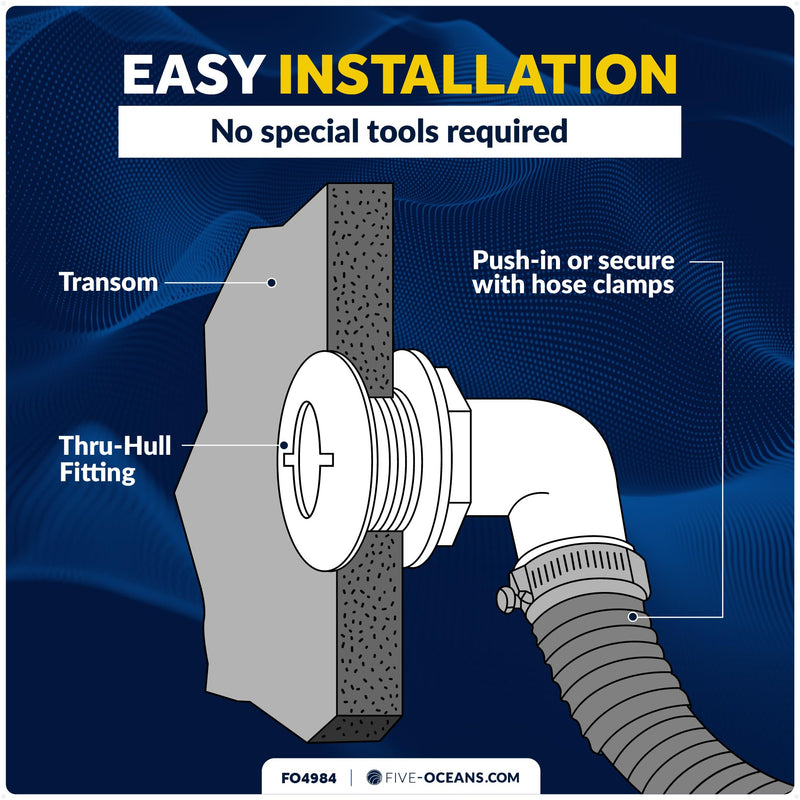 Five Oceans 1-1/2" Angled Thru-Hull Fitting - White ABS Plastic, 90-Degree Marine Boat Drain, Durable & Easy to Install for Boat, Pontoon, and Yachts - FO4984 90° (Angled) – 1-1/2" Hose