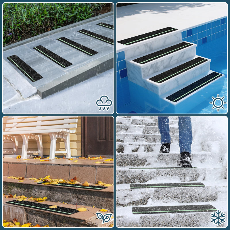 10 Pack 4” x 30” Anti Slip Traction Treads with Glow in The Dark Stripe, Outdoor Waterproof Non Skid Pre-Cut Tape with Roller, High Traction Friction Abrasive Adhesive for Stairs Step 4" x 30" & 10-Pack Black with Glow in the Dark Strips