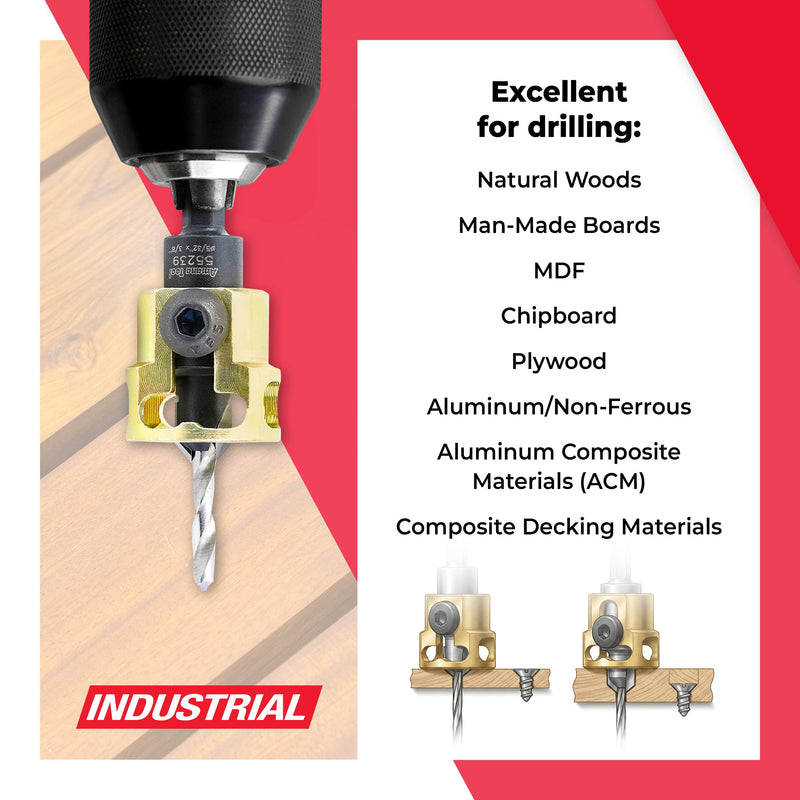 Amana Tool Carbide Tipped Adjustable Countersink with Depth Stop, 55239, 3/8 Dia x 49 Degree Angle x 1/4 Shank, Includes Replacement Drill Bit 630-230