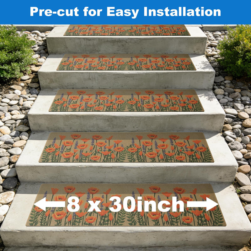 Outdoor Stair Treads Non-Slip, 8” x 30” - 10-Pack Weather Resistant Grip Tape for Wooden Steps, Waterproof & Anti Skid Strips, 80-Grit Adhesive Step Treads, Orange Floral Beige/Orange 8" x 30"