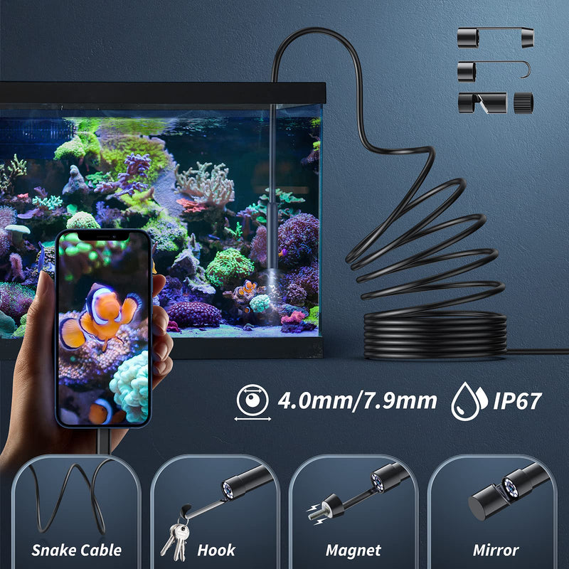 [Australia - AusPower] - Endoscope Camera with Light, 1920P HD Borescope Tools with 8 Adjustable LED Lights, Endoscope with 16.4ft Semi-Rigid Snake Camera, 7.9mm IP67 Waterproof Inspection Camera for iOS (Black) 