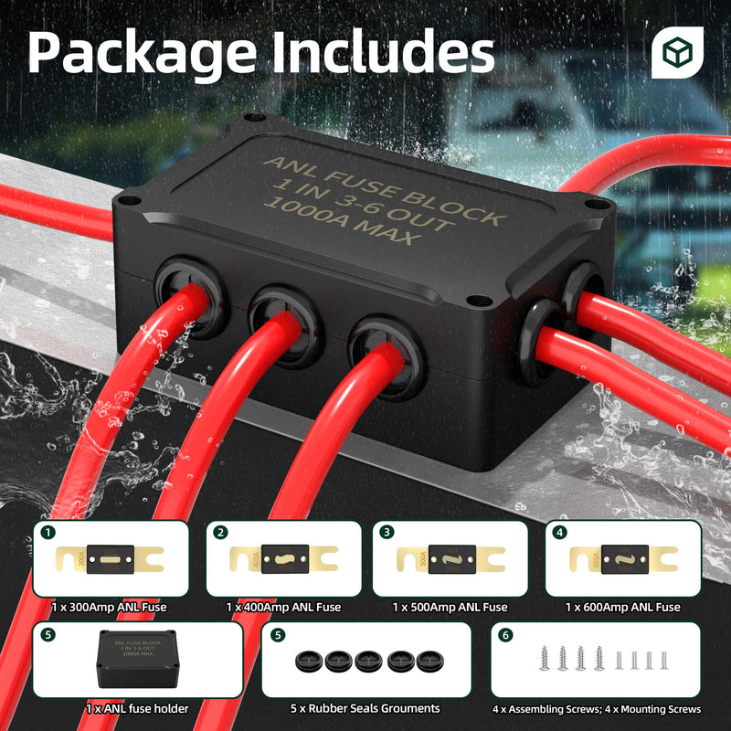 ANL Fuse Holder Max 1000A 1 in 6 Out Waterproof Anl Fuse Block with 5 x 5/16" Studs Dual Fuse Holder with 300 Amp, 400 Amp, 500 Amp and 600 Amp ANL Fuses for Marine Automotive Car Truck Boat