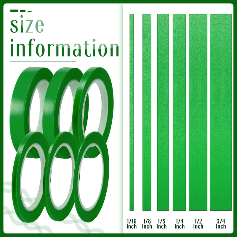 Nezyo 6 Pcs Vinyl Pinstripe Tapes Masking Painter Tapes High Temperature Low Tack Automotive Car Paint for Easy Removal Trim Thin Finishing Masking (Green,1/16, 1/8,1/5,1/4,1/2, 3/4 Inch) Green 1/16, 1/8,1/5,1/4,1/2, 3/4 Inch
