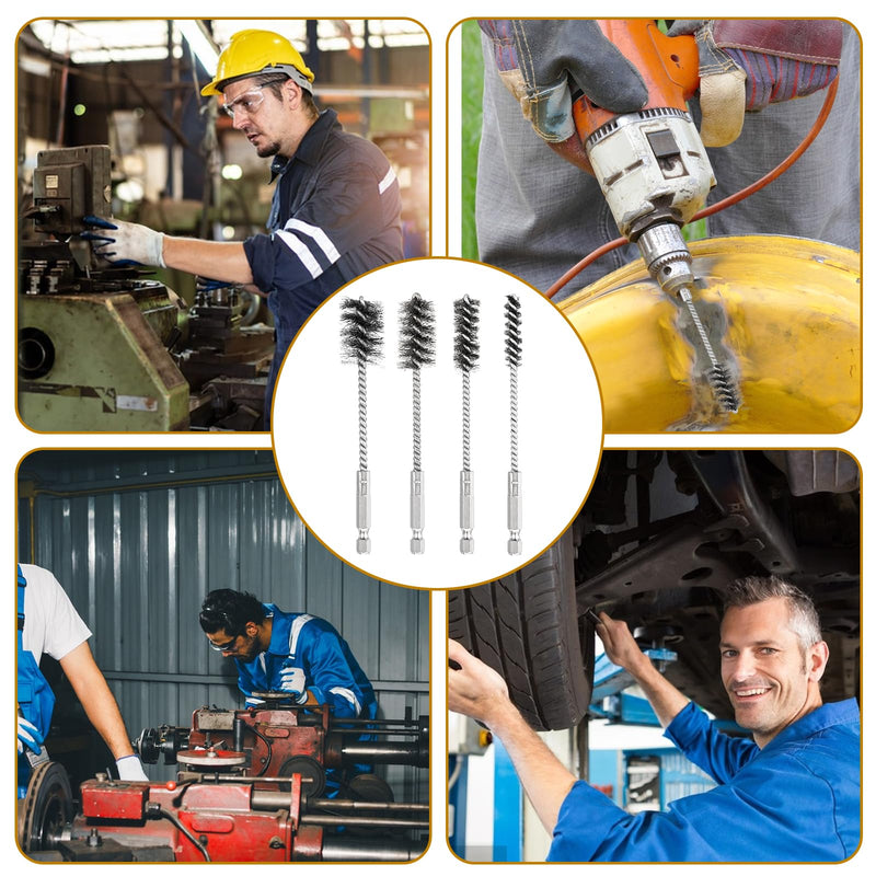 [Australia - AusPower] - 4 Pcs Stainless Steel Wire Brushes for Drill Stainless Steel Bore Brush Set 3/8'' 1/2'' 3/4'' 7/8'' Bristles Wire Brush with Hex Shank Handle for Drill Ports Tubes Bearings Cleaning Parts 
