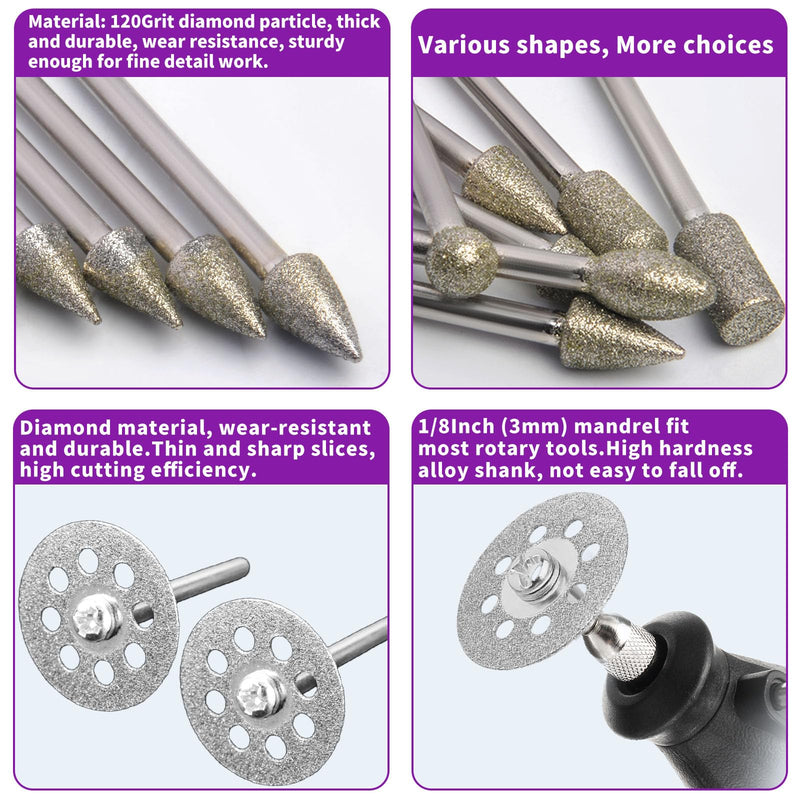 [Australia - AusPower] - 32-Piece Diamond Cutter Set 120 Grit Rotary Tool Accessories with Diamond Cutting Disc and 3 mm Shank Fit for Stone Glass Ceramic Carving, Grinding, Polishing, Engraving, Cutting 32PCS-120 Körnung 