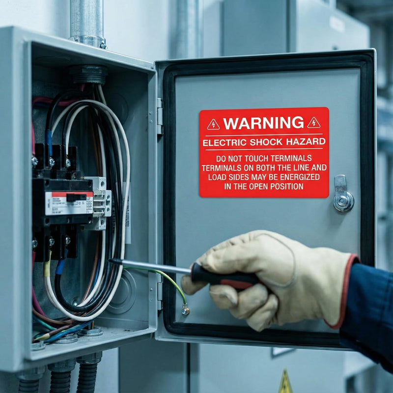30Pcs Electrical Safety Stickers - Electric Shock Hazard_Do Not Touch Terminals Terminals On Both The Line and Load Sides May Be Energized in The Open Position Waning Labels - 4" x 3"