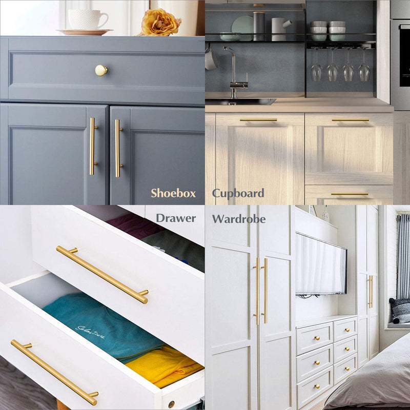 10 Pack 8" Brushed Brass Cabinet Cupboard Drawer Door Handle Pull Stainless Steel T bar Drawer pulls, 6" Length, 5" Hole Center Gold