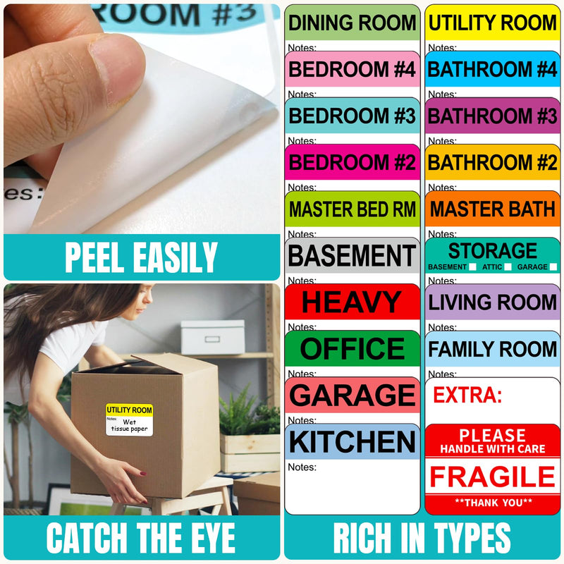 Kingtac 600 Writable Home Moving Stichers - 2' x 3', 20 Color-Coded Home Moving Packing Labels with Fragile, Extra, Heavy Options.Stick to Cardboard Boxes and Plastic Bins, No Extra Tape Needed Mov-0305-40-600pcs