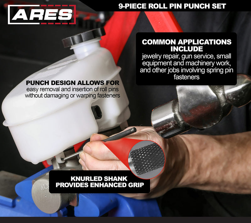 ARES 10021 – 9-Piece Roll Pin Punch Set – Durable Heat Treated and Drop Forged Steel Pin Punches with Pouch -Ideal for Automotive Repair, Gunsmithing, Craft Work, and Jewelry Repair