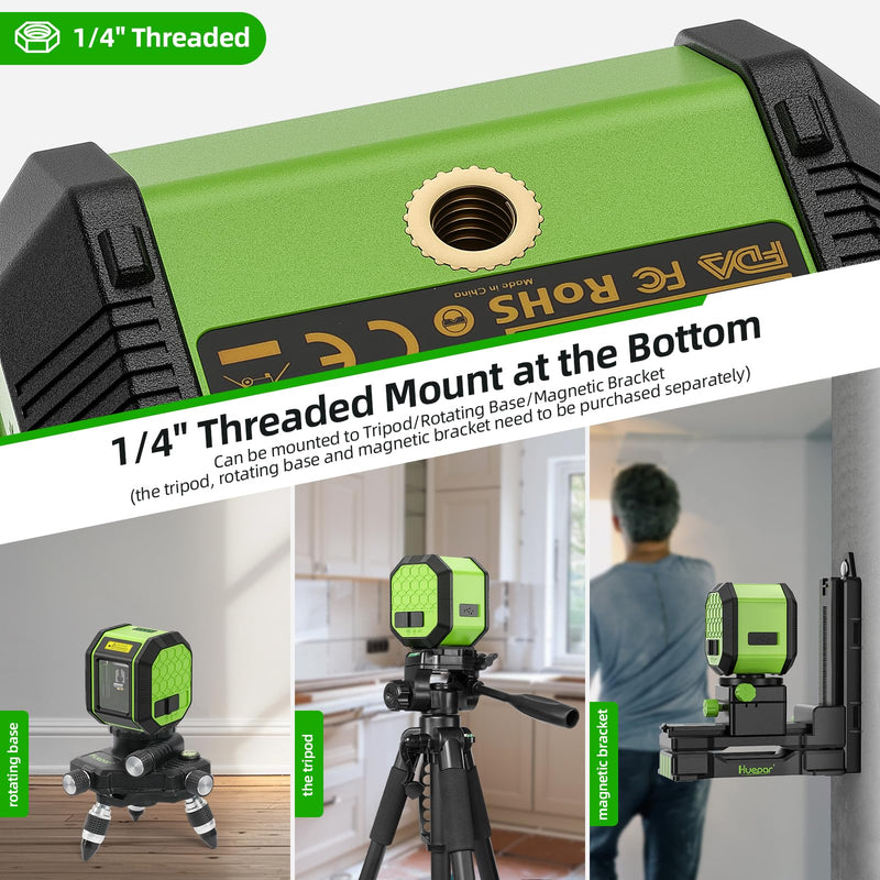 [Australia - AusPower] - Laser Level, HUEPAR Self leveling Green Cross Line Laser Level 100Ft Accurate Level Laser Tool for DIY Construction & Decoration Indoor Projects, Built-in Li-ion Battery for Longer Working Time FC011G 