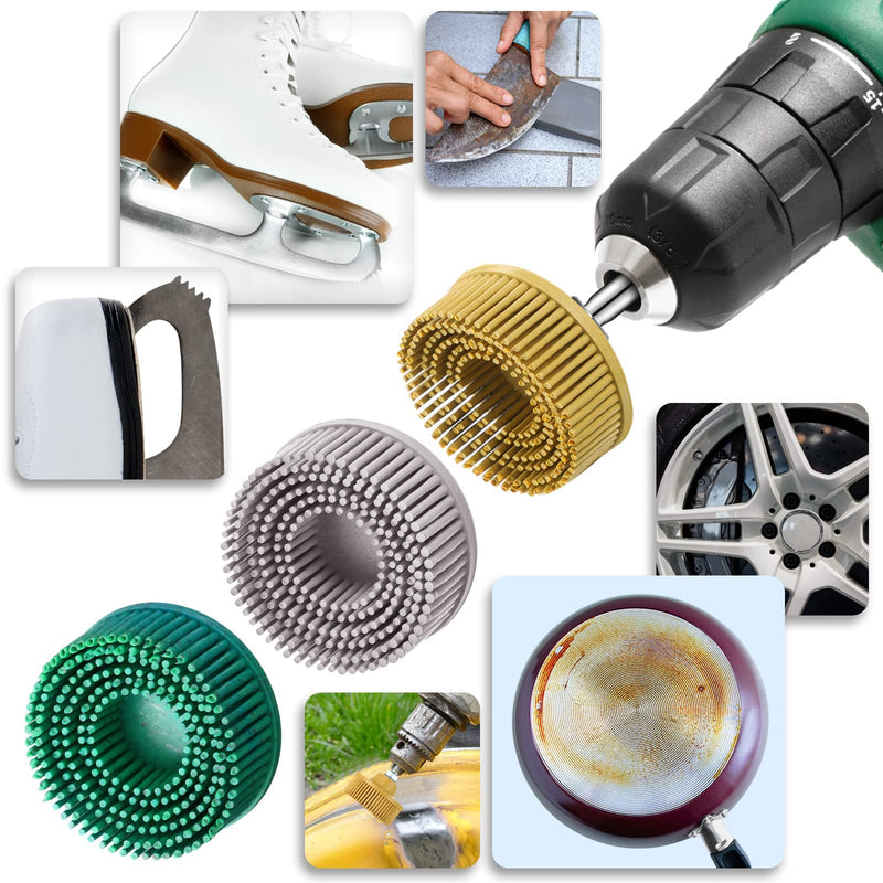 [Australia - AusPower] - 12 Pieces 2 Inch Bristle Disc Grits, 120# 80# 50# Abrasive Bristle Disc with 1/4 Inch Shank Attachment, White Green Yellow Gasket Coating Removal Disc for Metal 