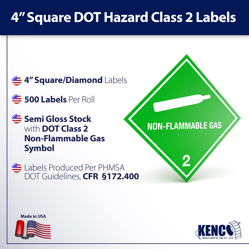 D.O.T. Labels - Hazard Class 2 DOT Non Flammable Gas Hazmat Labels 4" X 4" Square Stickers - 500 Adhesive Labels Per Roll, Made in the USA by Kenco (1) 1