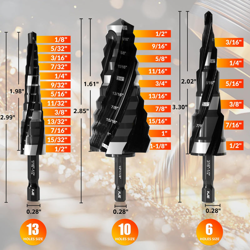 KJE 3PCS SAE 1/8" to 1-1/8" M35 Cobalt Step Drill Bit Set, 1/4" Hex Shank Metal Cutting Unibit Step Drill Bits(TiAlN Coated), Spiral Cone Drill for Stainless Steel, Sheet Metal, Wood & Plastic