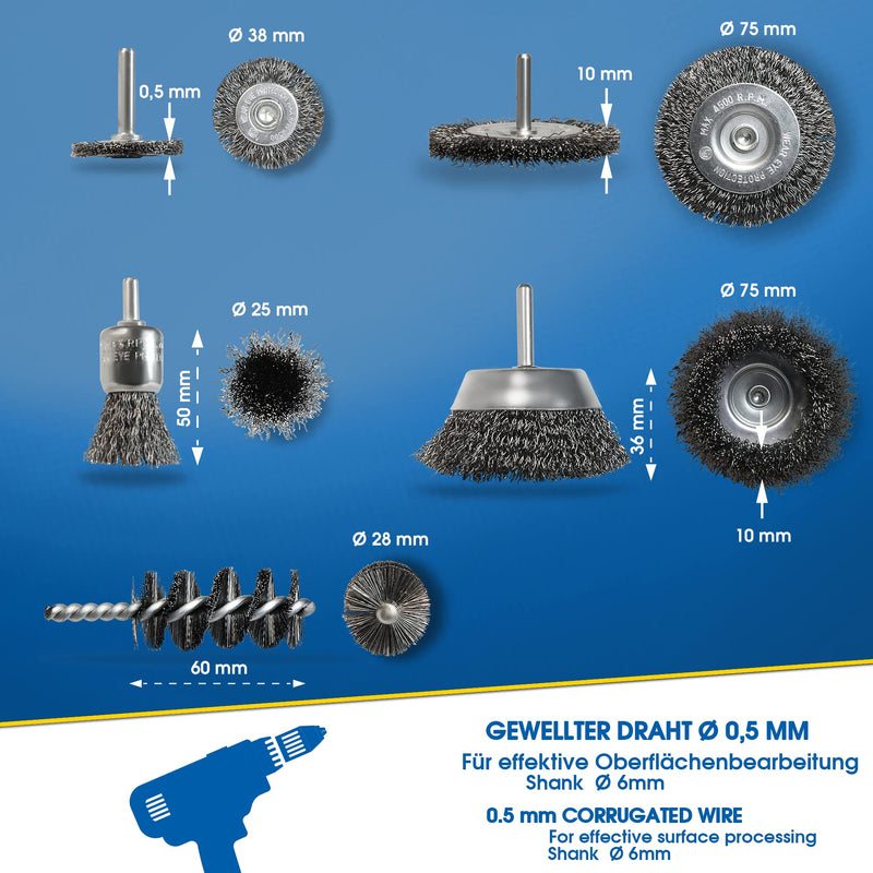 S&R Wire Brush Set 5 Pieces for Drill, Corrugated Steel Wire | Round shaft 6 mm – removal and polishing; in set: disc, pot, brush and cylinder steel brush 5-piece.