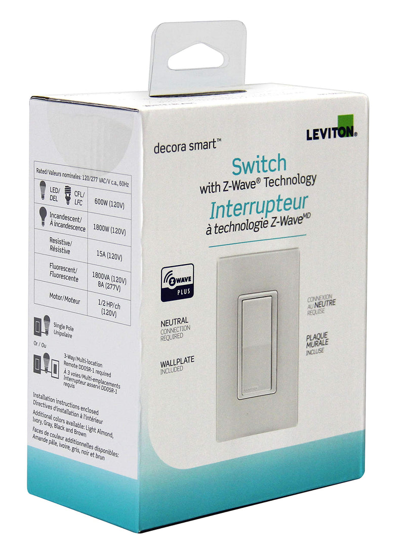 Leviton Decora Smart Switch with Z-Wave Technology, DZ15S-R52, White with Ivory and Light Almond Faceplates