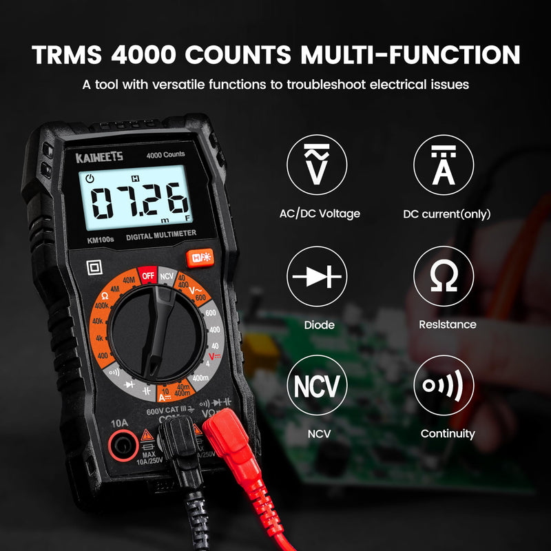[Australia - AusPower] - KAIWEETS Digital Multimeter 4000 Counts and KAIWEETS Silicone Multimeter Test Leads with Gold-Plated Probes, 48 inch Long 