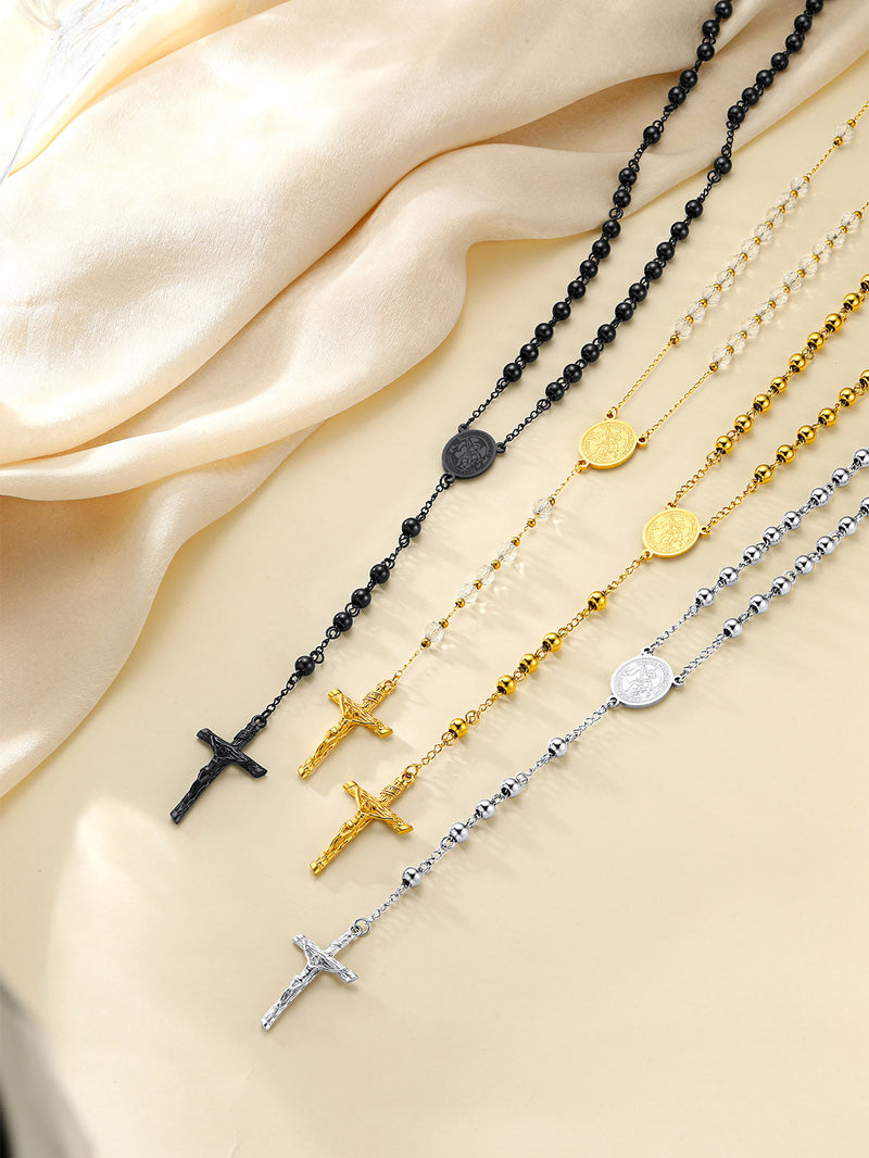 FaithHeart Rosary Beads Catholic Necklace for Men, St Michael/St Christopher/Virgin Mary Prayer Rosaries with Crucifix Cross Stainless Steel Praying Rosary Necklace Saint Michael-Gold Steel Bead