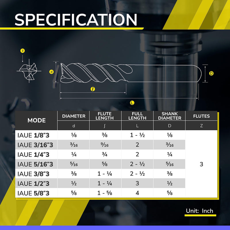 [Australia - AusPower] - SPEED TIGER Carbide Square End Mill - 3 Flute - IAUE3/8"3 (1 Piece, 3/8") - High Feed U-Type Design - for Roughing and Finishing - for Milling Aluminum Applications – Professional Mill Bits Sets 1 3/8 in 