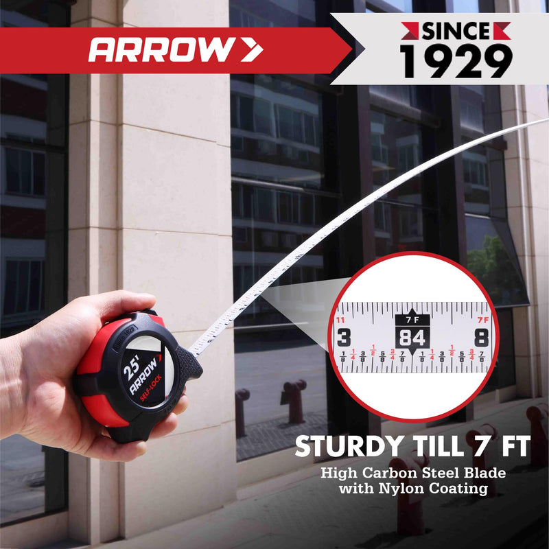 Arrow 25FT Auto-Lock Tape Measure, 2PCS Easy Read Measuring Tape with Fractions 1/8″, Double Sided Measurement Tape with 1″ Blade, Belt Clip, Dual-End Metal Hook, and Rubber Protective Casing 2