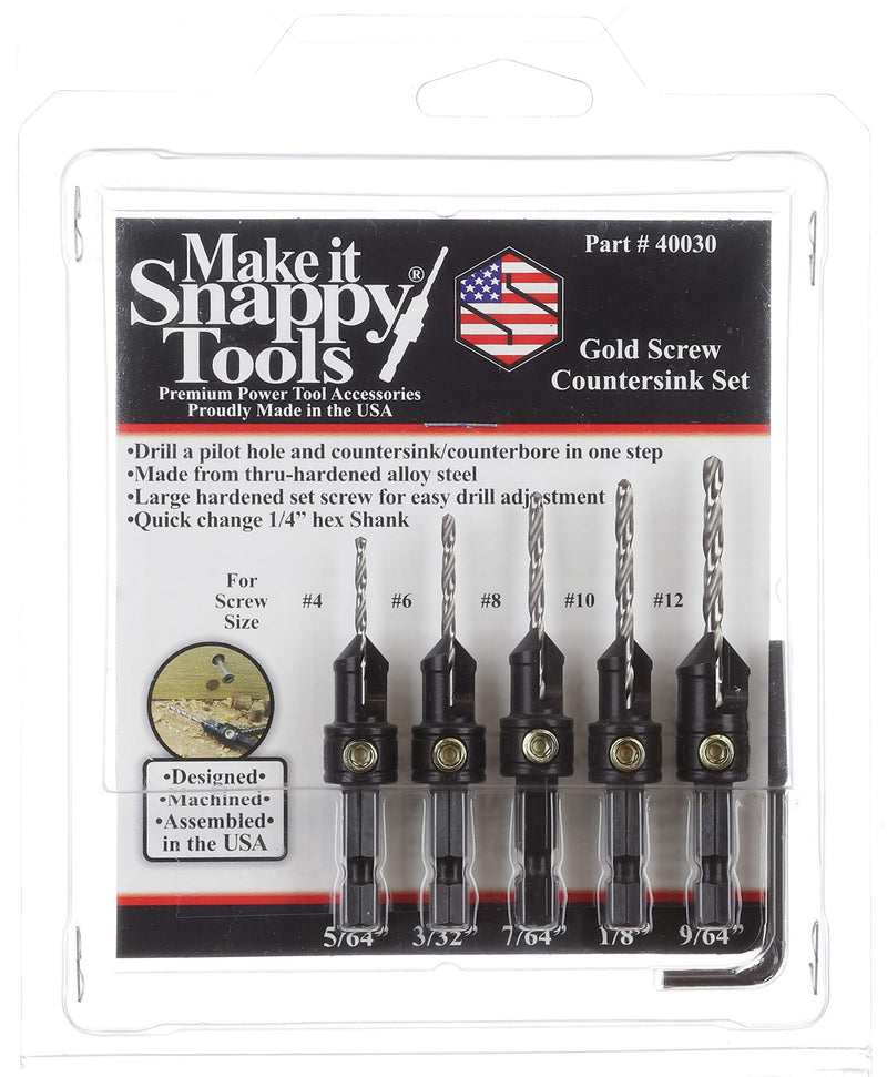 Make it Snappy Tools Brand Quick-Change 5-Pc. Countersink Drill Bit Set with Case. Proudly Made in The USA